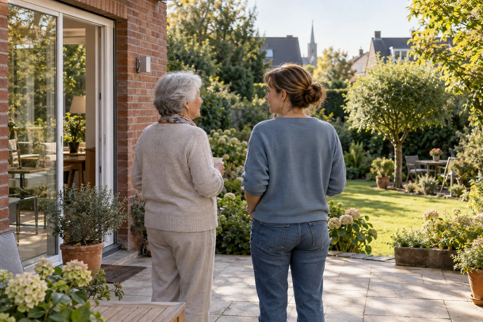 Eine ältere Bewohnerin und eine jüngere Frau betrachten den Garten eines gepflegten Backsteinhauses.