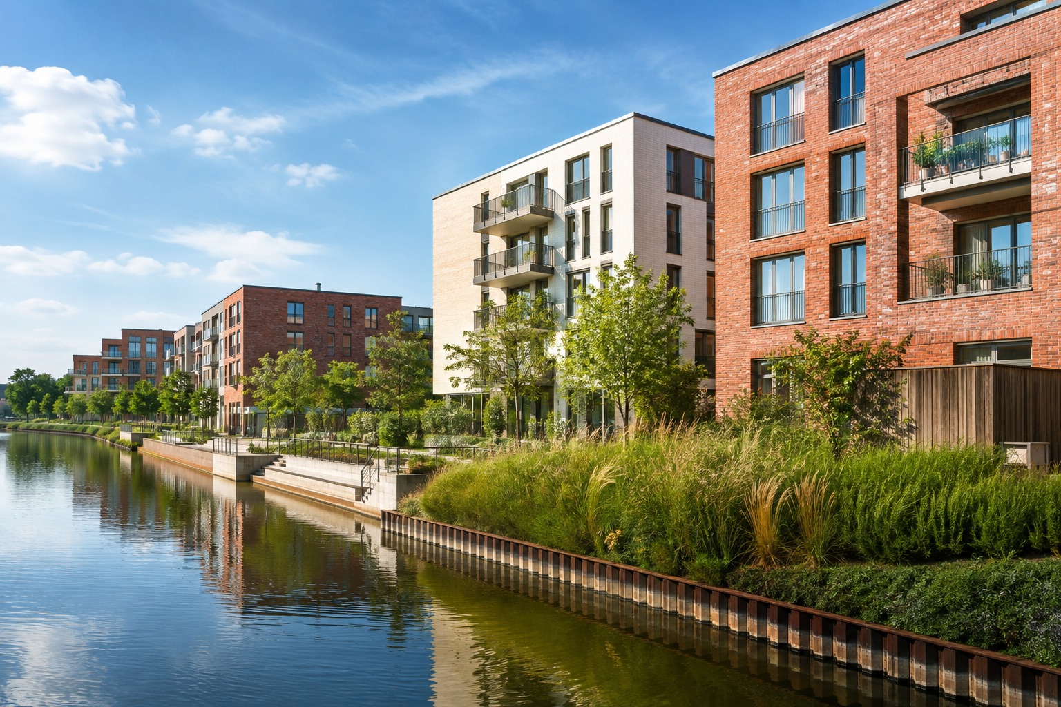 Helle, stilisierte Wohnarchitektur am Wasser